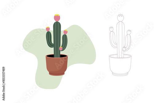 Vector illustration of a blooming cactus in a terracotta pot with flat color version and clean outline coloring page, perfect for posters, wall art, kids worksheets, printables, branding, web banners.