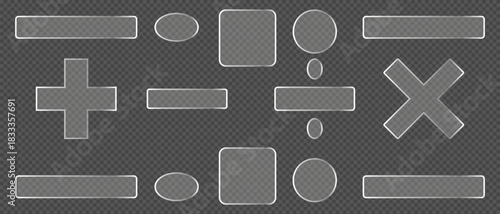 Glass arithmetic signs and blank geometric shapes with glossy reflection