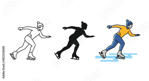 Set of three illustrations showing a figure skater in outline, silhouette and full color