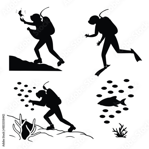 Scuba divers explore ocean life in bold silhouette scenes underwater