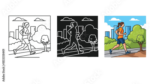 Collection of three vector illustrations showing a woman jogging or running outdoors in a park setting with city skyline in, line art, silhouette and color version
