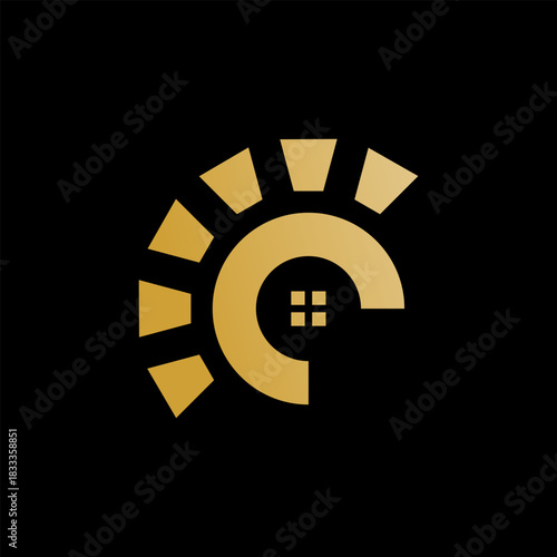Luxury property emblem with a golden gladiator helmet crest and a house silhouette, an icon for premium construction and security