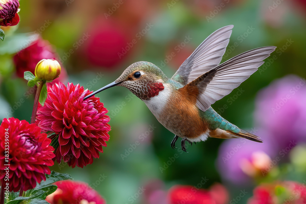 Fototapeta premium A hummingbird hovers near vibrant red dahlia flowers in a colorful garden