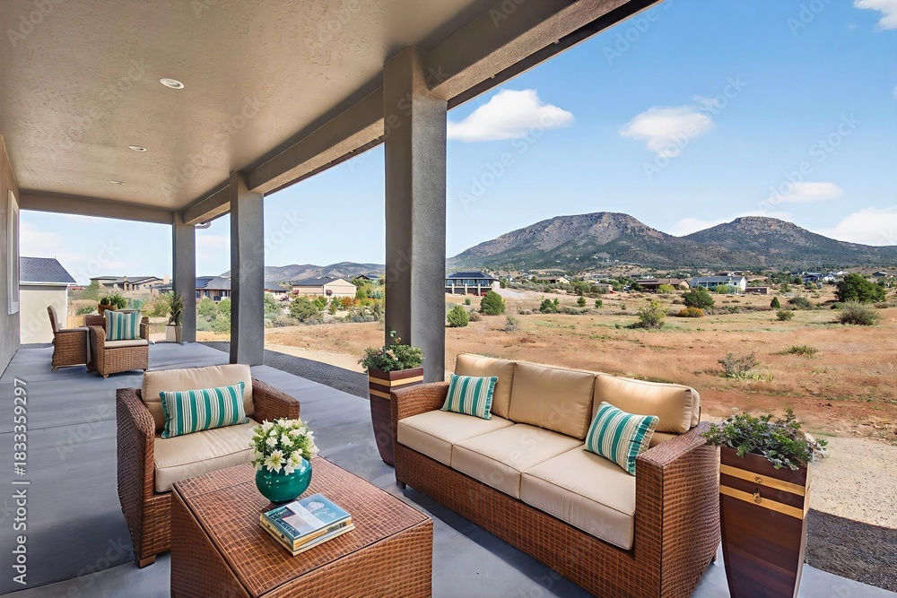 Naklejka premium Relaxing Mountain View, Peaceful Outdoor Seating Area With Vibrant Cushions And Panoramic Landscape