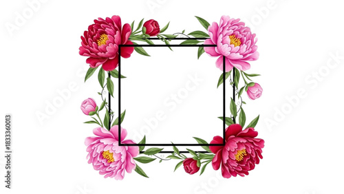 High-quality colorful black outline art of a square border with peonies at the corners and delicate connecting leaves, elegant botanical design 