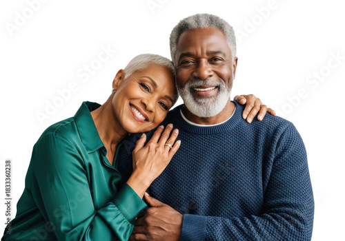 senior african american couple (70s), man in navy sweater and bearded, woman in emerald silk blouse, embracing intimately on a sofa against a high-key white background. concept of a happy, loving,