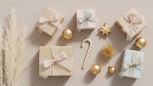 Elegant christmas gift arrangement with neutral colors and golden accents on beige