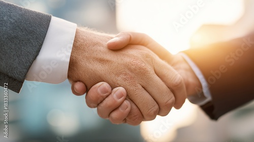 Sealing the deal with a firm handshake, symbolizing trust and collaboration. Two individuals connect, their hands clasped in agreement, embodying partnership and success.
