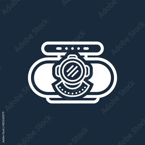 Minimalist line art illustration of a vintage deep sea diver helmet, an icon representing ocean adventure and underwater exploration