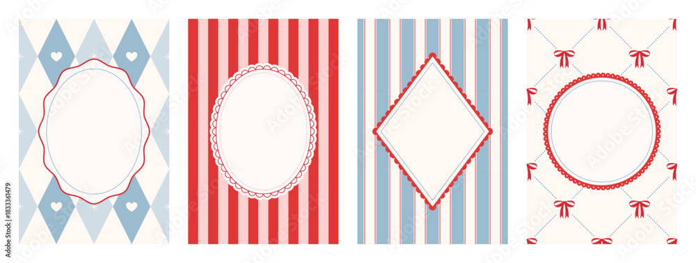 Fototapeta premium Set of Coquette Vintage frames with scallop lace on seamless pattern backgrounds. Christmas greeting card collection with elegant whimsical border. Cute birthday invitation. Vector illustration