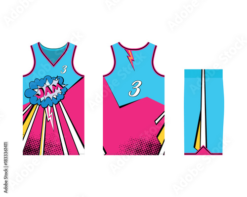 Mockup of a basketball uniform for a sports club. Template jersey design front view, back view and side view. Vector illustration.