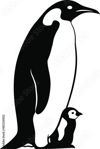 Minimalist black silhouette illustration of an adult emperor penguin standing tall beside its small, adorable chick, symbolizing family bonds and Antarctic wildlife