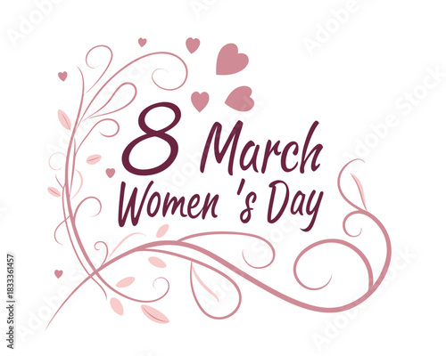 International Womens Day greeting with decorative swirls hearts and elegant typography on a clean white background for social media posts banners and cards