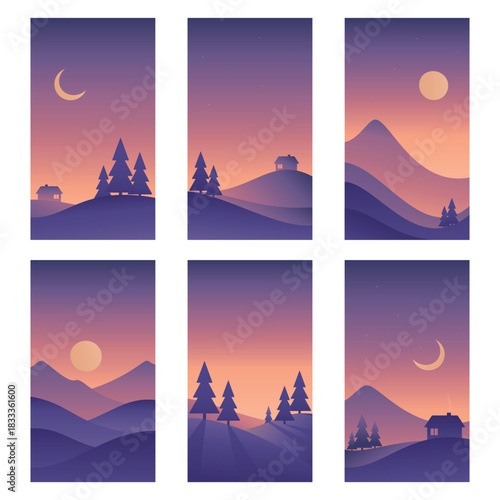 Minimalistic night landscape set. Mountains gradient vector art in purple colors. Hand drawn illustration