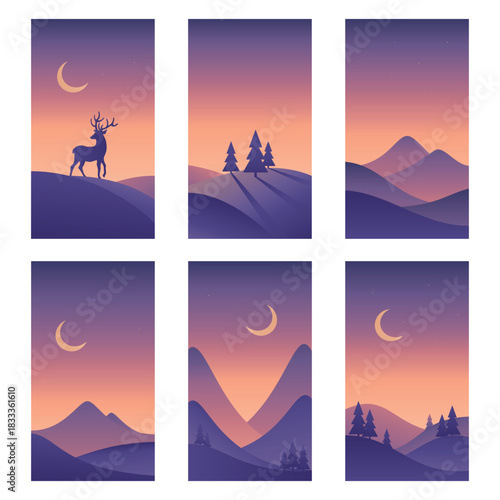 Set of minimalistic mountains night landscape in purple colors. Hand drawn original vector gradient illustration