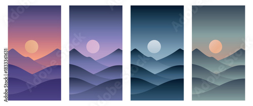 Set of minimalistic mountains landscape in different tones. Hand drawn vector gradient illustration