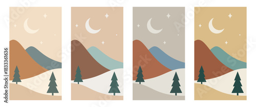 Scandinavian minimalistic mountains landscape set. Hand drawn vector illustrations in different tones
