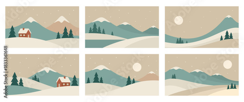 Set of minimalistic winter landscapes. Mountains in Scandinavian style. Hand drawn vector illustrations