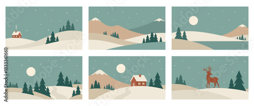 Set of minimalistic winter night landscapes. Mountains in Scandinavian style. Hand drawn vector illustrations