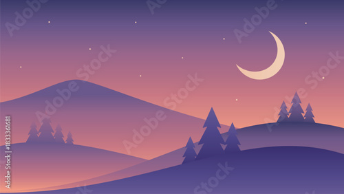 Minimalistic mountains and hills night landscape. Gradient vector art in purple colors. Hand drawn illustration