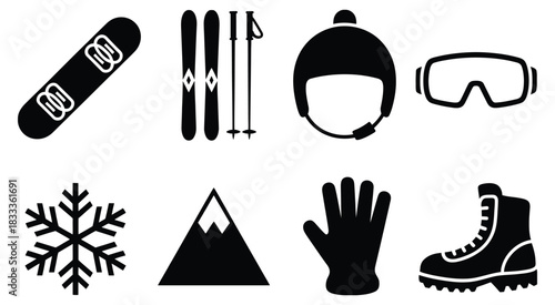 a collection of winter sports and mountain recreation icons, featuring snowboard, skis, helmet, goggles, and essential gear symbols, ideal for outdoor activity graphics, sports branding, and adventure