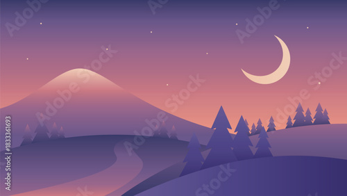 Minimalistic night landscape. Road to the mountains gradient vector art in purple colors. Hand drawn illustration