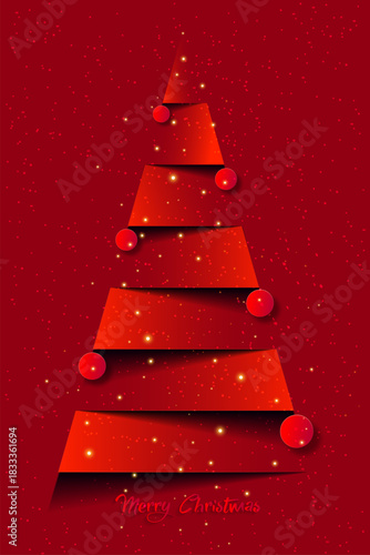 Paper christmas tree and red christmas balls. Vector new year card in paper cut style, sparkle snowy red background