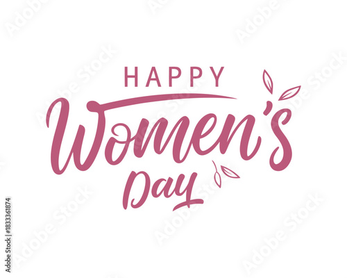 Elegant Happy Womens Day Vector Illustration with Delicate Pink Lettering and Leaf Accents for Celebratory Designs