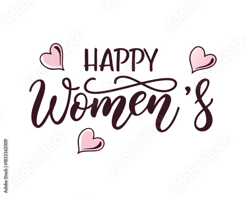 Elegant Happy Womens Day Calligraphy with Pink Hearts on White Background For Greeting Cards and Social Media Posts
