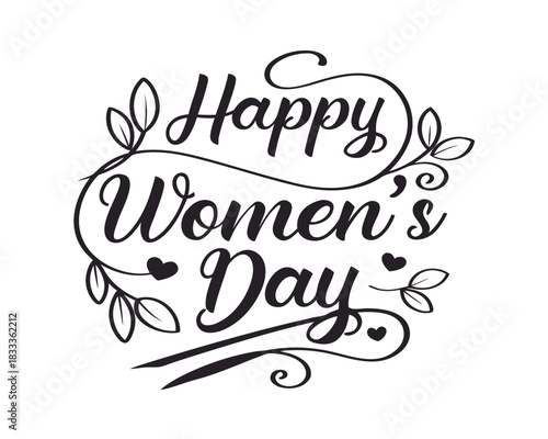 Elegant Happy Womens Day Illustration with Flourishes and Hearts for Greeting Cards and Social Media Posts Celebrating International Womens Day