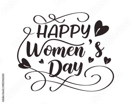 Elegant Happy Womens Day vector design with decorative swirls and hearts for posters and social media posts celebrating female empowerment