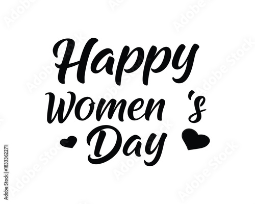 Happy Womens Day greeting card design with elegant typography and heart decorations on a clean white background international womens day