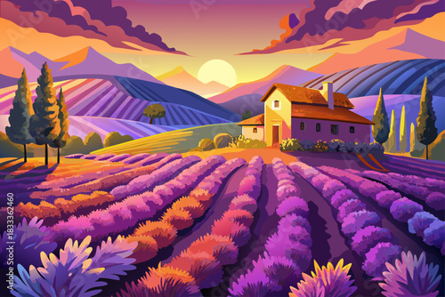 vector of Vibrant lavender field at sunset, warm golden light on purple blossoms, peaceful rural landscape, and rustic cottages and cobblestones.