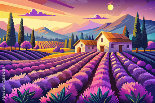vector of Vibrant lavender field at sunset, warm golden light on purple blossoms, peaceful rural landscape, and rustic cottages and cobblestones.