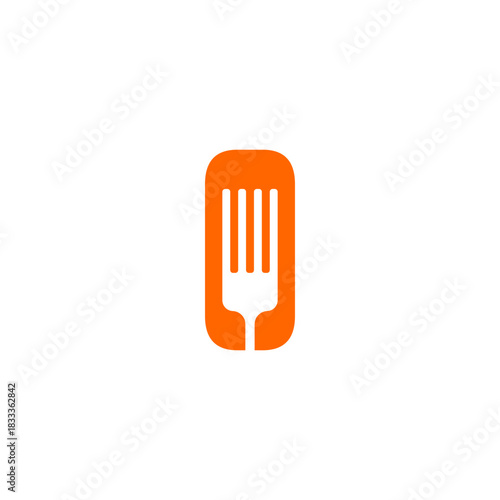 Minimalist orange logo featuring a fork silhouette created with negative space inside a shape resembling a barcode, representing digital menus, online food ordering, and culinary technology