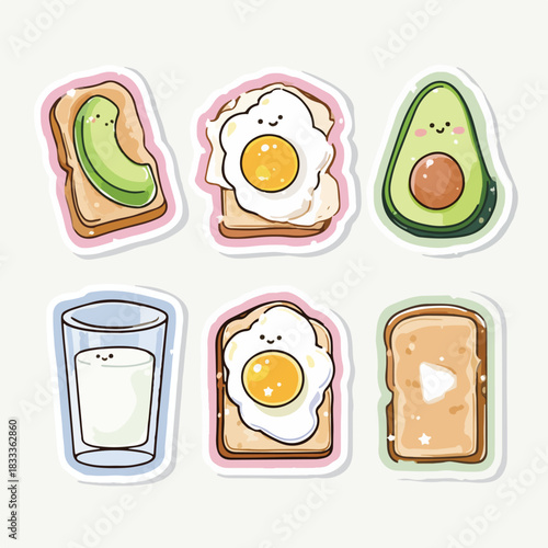 Colorful cartoon stickers of breakfast foods including toast, avocado, eggs, and milk on a white background with playful designs.