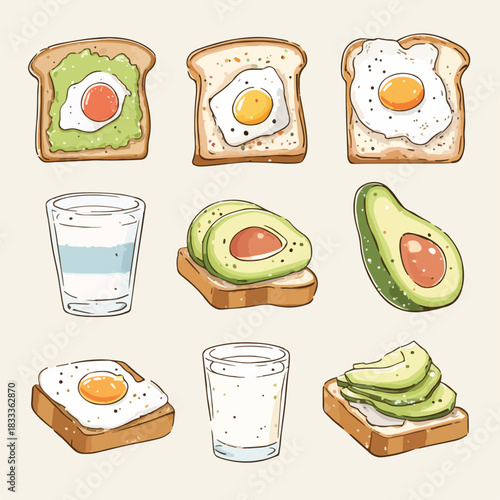 Digital illustration of various breakfast foods including toast with eggs and avocado, sliced avocados, and glasses of water on a beige background.