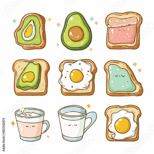 Illustration of various toast toppings including avocado and eggs on a white background with colorful sparkles.