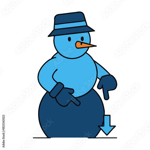 Cartoon snowman character icon with a staring gaze directed downwards at a blue arrow on a transparent background