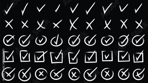 Check marks doodle set. checkbox, checklist, tick and cross signs, drawn concept. Hand drawn chalkboard doodle sketch style vector illustration