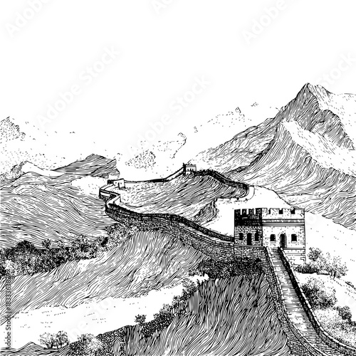 Illustration of the great wall of china winding through mountainous terrain with watchtowers and trees