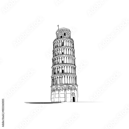Illustration of the leaning tower of pisa with detailed line work and a white background in a sketch style