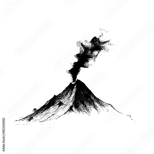 Illustration of a volcano erupting with a plume of smoke in black and white sketch style art work