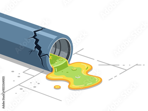 A cracked pipe leaks water onto a floor, highlighting a significant leak. The graphic illustration uses bold colors and a clear, impactful design. Suitable for conveying issues and problems.