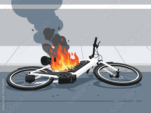 A dramatic illustration depicts a burning electric bicycle engulfed in flames. The word 'CRASH' is prominently displayed. High contrast, impactful visual for safety warnings or disaster themes.