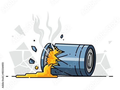 A dramatic explosion shatters a metal oil drum, spilling its contents. Intense orange flames and smoke fill the scene. A powerful visual conveying damage and destruction.