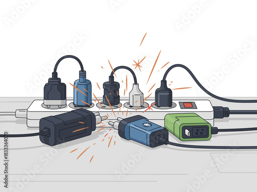 dramatic illustration depicts an overloaded power strip sparking and exploding It visually represents electrical overload and potential danger A clear impactful graphic