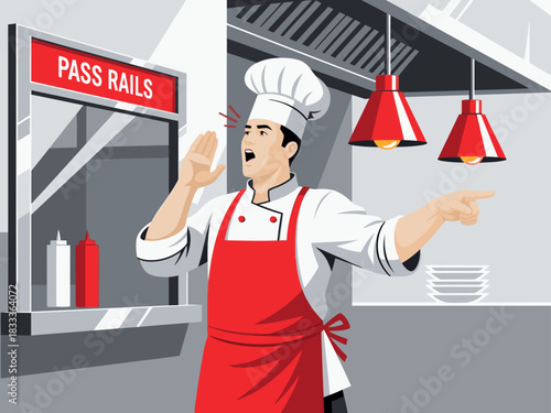 An enthusiastic chef in a diner window urgently calls out 'Pass Rails!' He wears a white uniform and red apron, promoting fast food. Bright, commercial illustration.