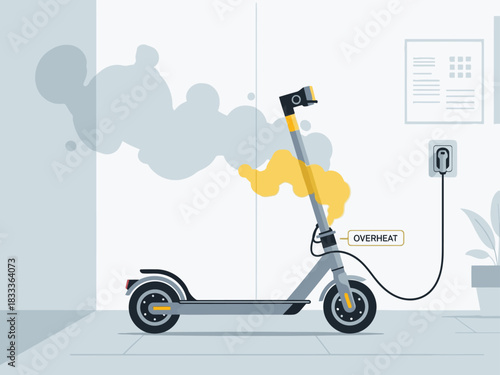 An electric scooter overheats while charging, displaying a heat haze effect. Modern, minimalist illustration. Focus on the overheating issue.