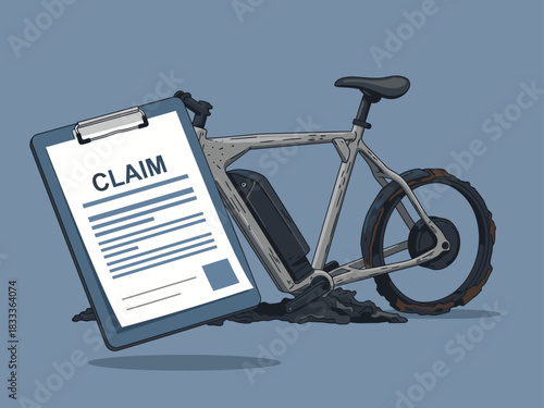 An electric bicycle lies on a muddy trail with a claim form beside it. A detailed illustration showcases the bike's motor and tires. Modern, graphic style.